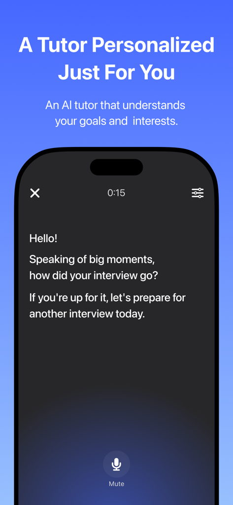 Else: AI English Tutor - Else AI English Tutor-Oberfläche, die ein personalisiertes Gespräch zur Vorbereitung auf ein Vorstellungsgespräch zeigt