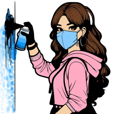 realistic girl with mask spray painting a wall