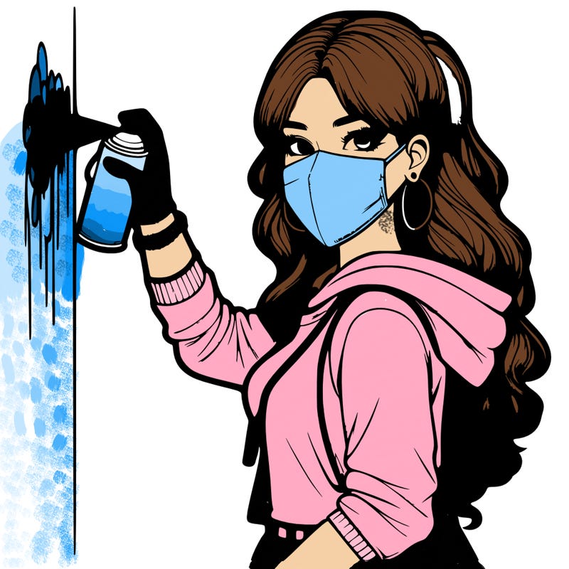 realistic girl with mask spray painting a wall