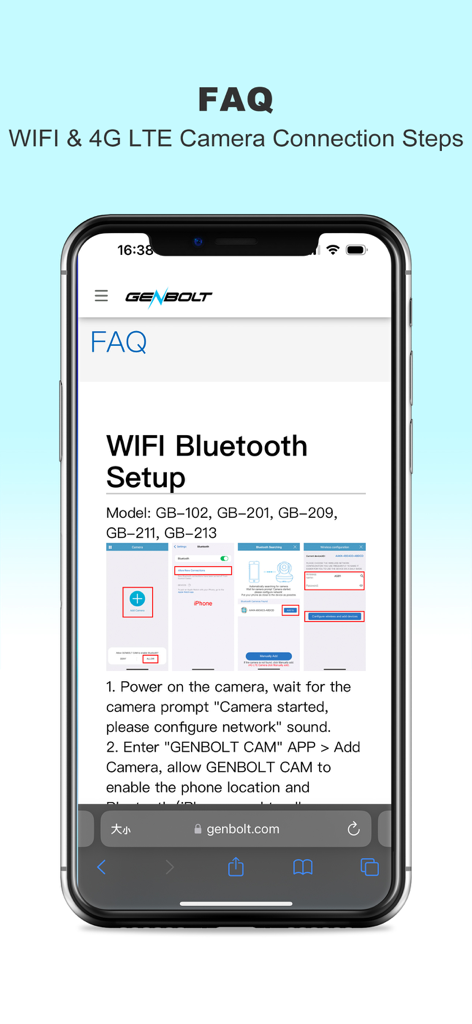 GENBOLT CAM app FAQ screen showing step-by-step instructions for WiFi and Bluetooth security camera setup.