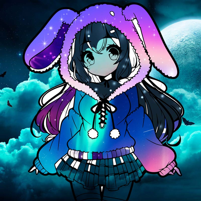 pretty anime girl wearing a fluffy hoodie with bunny ears on the hood and a skirt