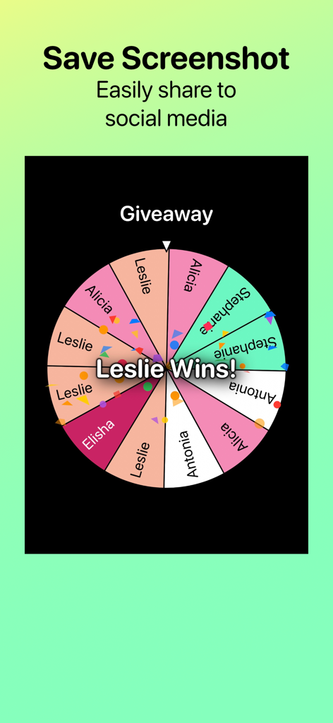 A colorful digital spinning wheel announcing a giveaway winner for social media sharing