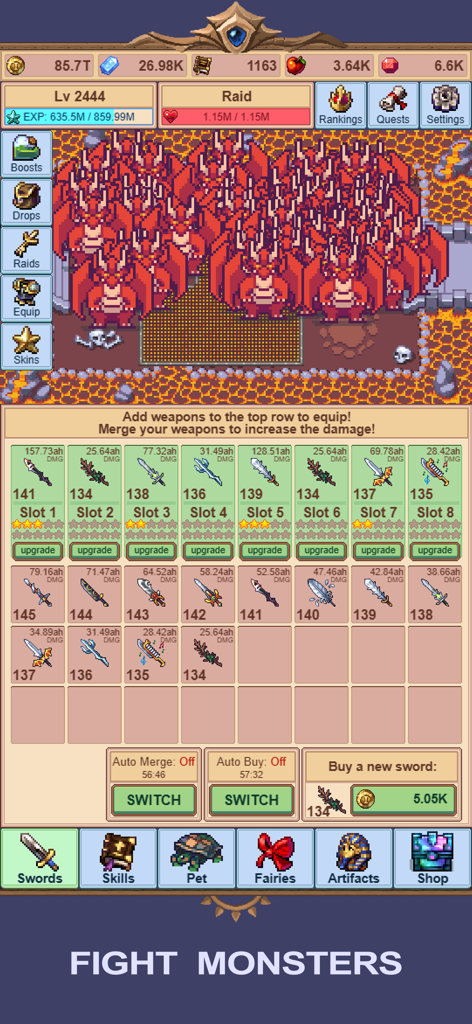 Idle Sword Master gameplay showing a dragon raid battle and the sword merge inventory system.