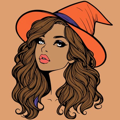 realistic witch girl with wavy hair and lips
