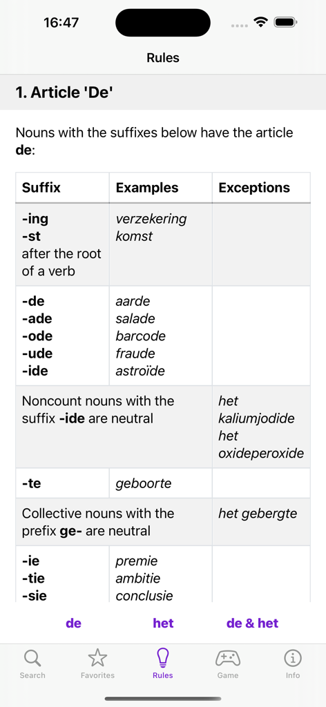 Tableau présentant les règles de grammaire néerlandaise pour l'article « de » avec suffixes et exemples