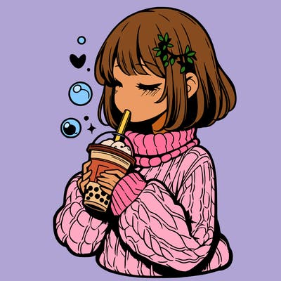 manga girl drinking boba in cozy sweater