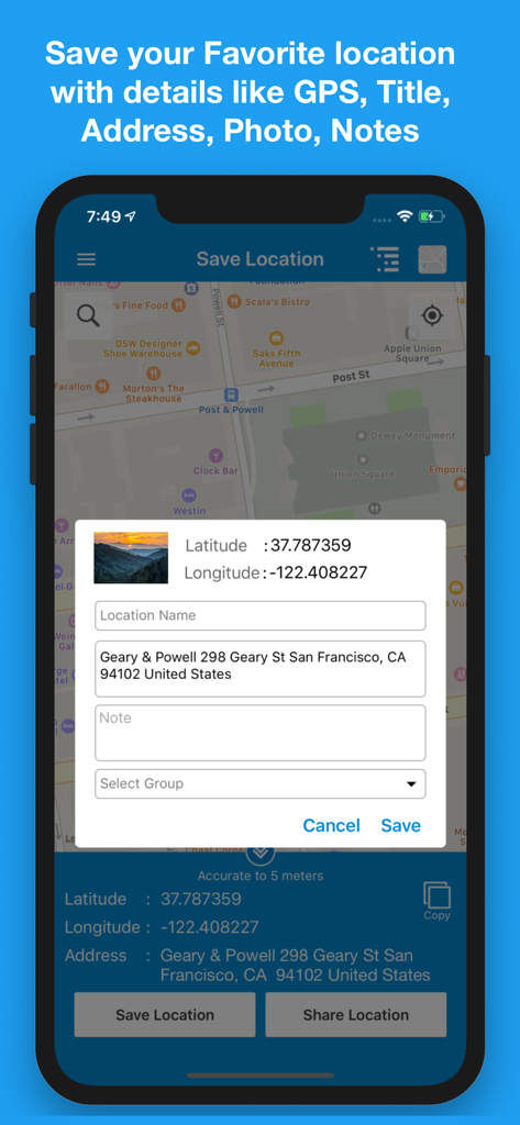 Interface of Save Location GPS app showing a map and a form to save a location with coordinates and a photo