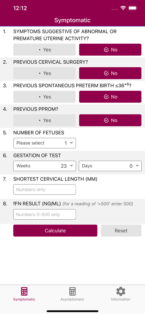 QUiPP - The symptomatic clinical decision support interface of the QUiPP app for predicting spontaneous preterm birth risk.