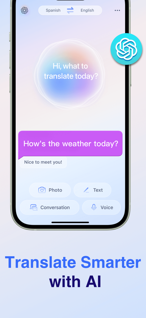 Voice Translate: AI Translator - Interfaz de la aplicación Voice Translate AI Translator mostrando opciones de traducción para texto, voz y conversación entre español e inglés