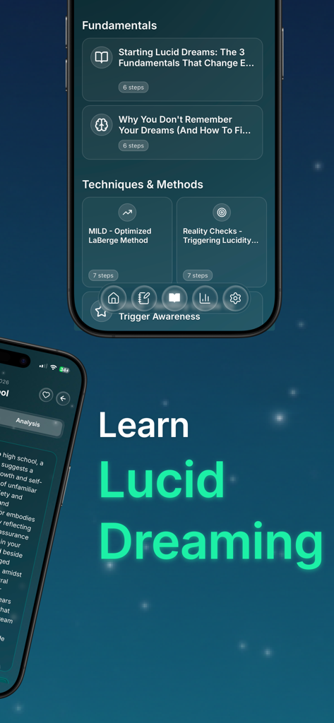 Dreamee - Dream Journal - Interface do aplicativo móvel mostrando guias e técnicas para aprender sonhos lúcidos no aplicativo Dreamee.