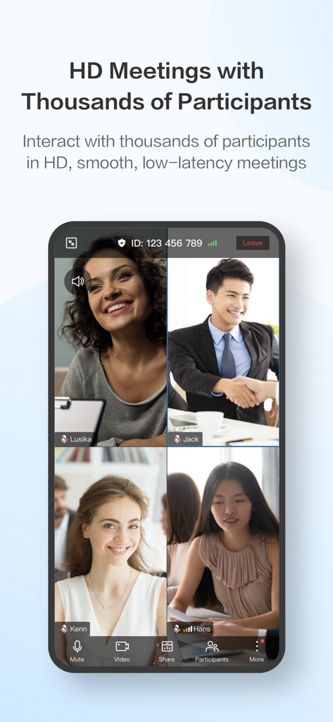 A smartphone screen showing a four-way HD video call on the HUAWEI CLOUD Meeting app.