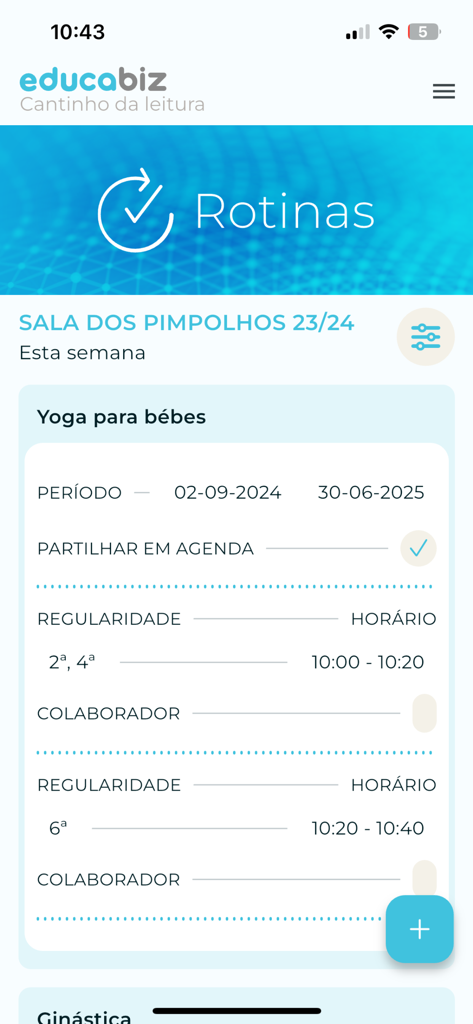 Interfaz de la aplicación Educabiz que muestra un horario semanal para una clase de yoga para bebés que incluye fechas y detalles del horario.