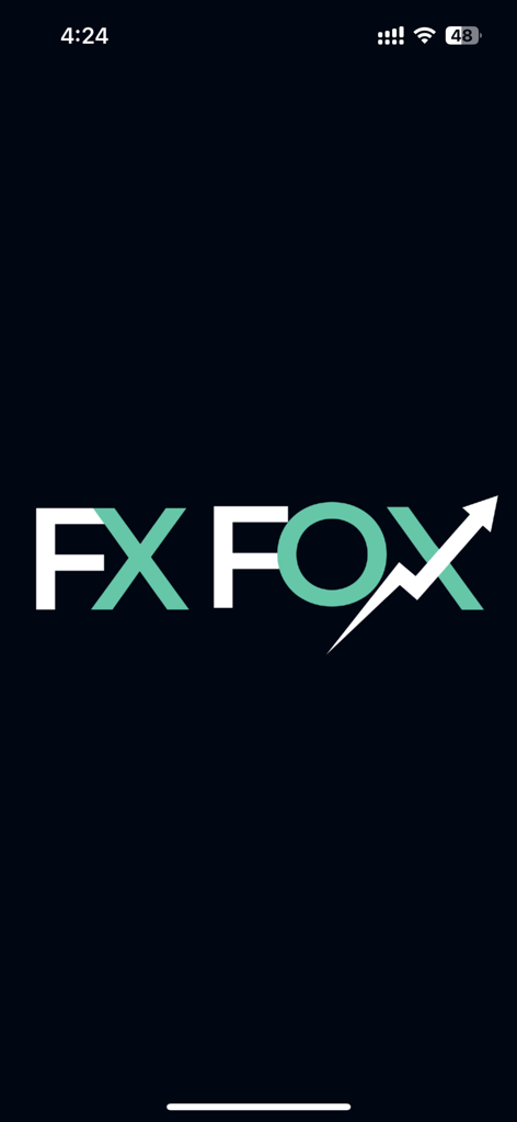 FxFox Forex-Trading-App-Startbildschirm mit Logo und aufwärts gerichteten Markt-Pfeil