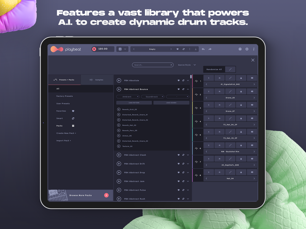 Interfaccia dell'app iPad Playbeat 4 che mostra la libreria di preset e pacchetti per la generazione di pattern di batteria AI