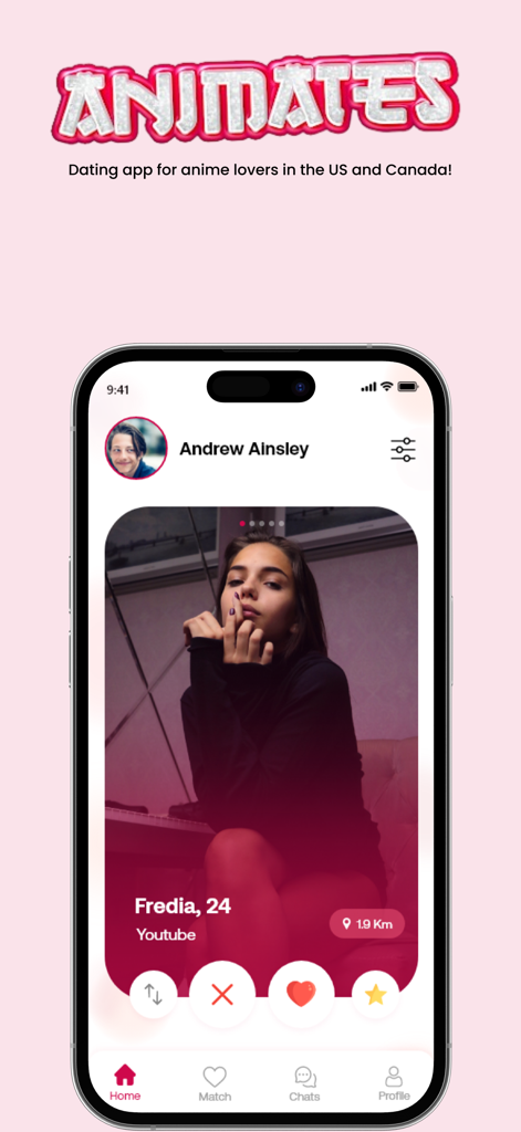 Animates.io app home screen displaying a user profile for matching in the anime dating community
