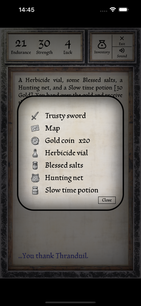 Pantalla de inventario del juego que muestra una lista de objetos de fantasía que incluyen una espada, monedas de oro y pociones en Hero of Fate