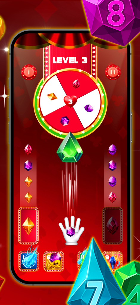 Holiday Mania - Gameplay screen of Holiday Mania showing a gloved hand throwing a gem at a spinning target wheel