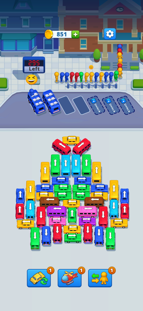 Bus Parking Jam: Chaos Escape - Gameplay screenshot of Bus Parking Jam Chaos Escape showing a parking lot filled with colorful buses and passengers waiting in line