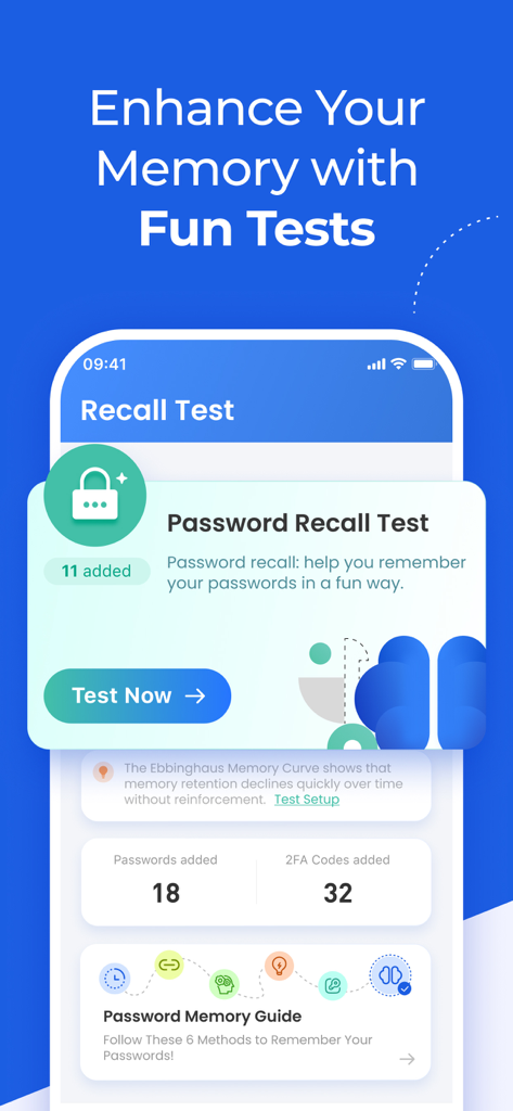Interface of an authenticator app featuring a password memory recall test.
