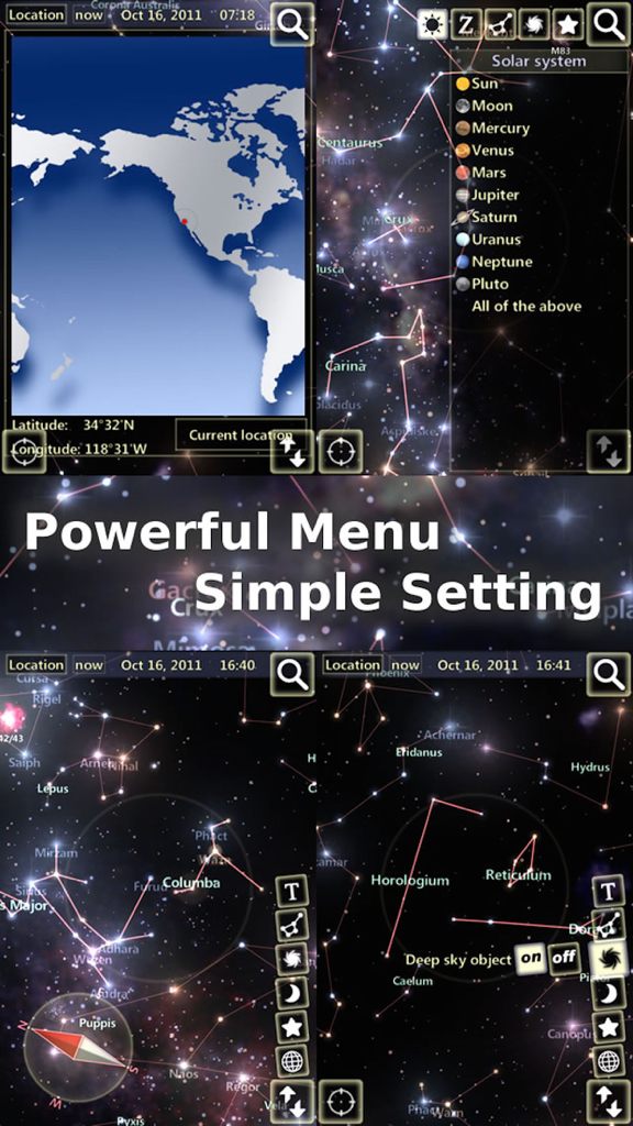 StarTracker - Mobile SkyMap - StarTracker 앱 화면 콜라주: 위치 설정, 태양계 검색 메뉴, 다양한 별자리 하늘 지도 표시.