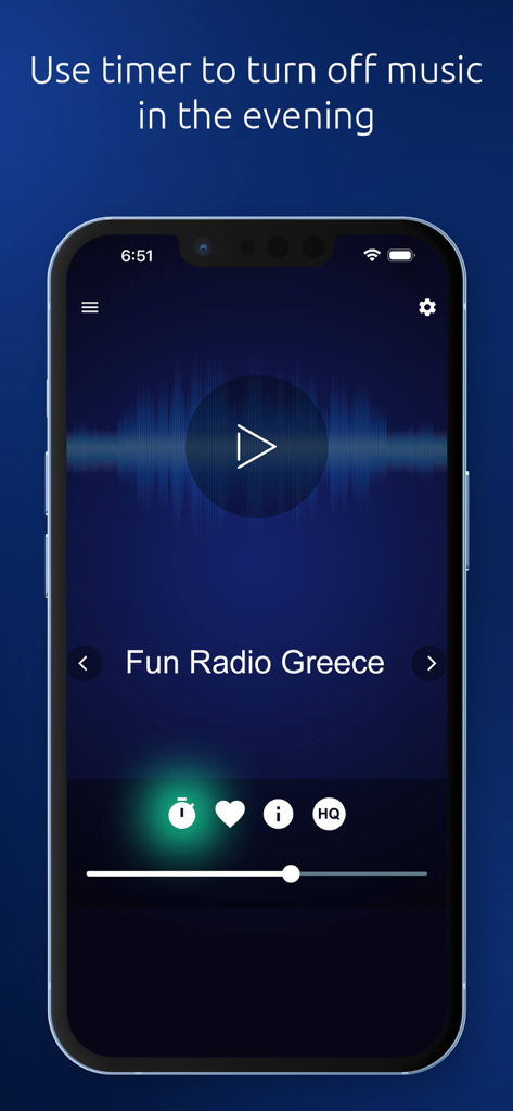 GR Radio app interface showing the sleep timer feature on the player screen with Fun Radio Greece playing.