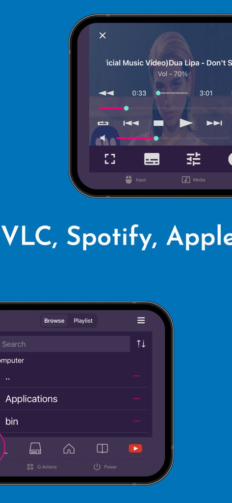 Smartphone screens showing media playback and file browsing in the VLC remote app