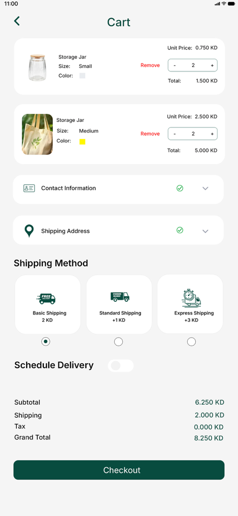 Akyas Packaging Solutions - A shopping cart and checkout screen in the Akyas app showing items for purchase, shipping method selection, and the grand total.