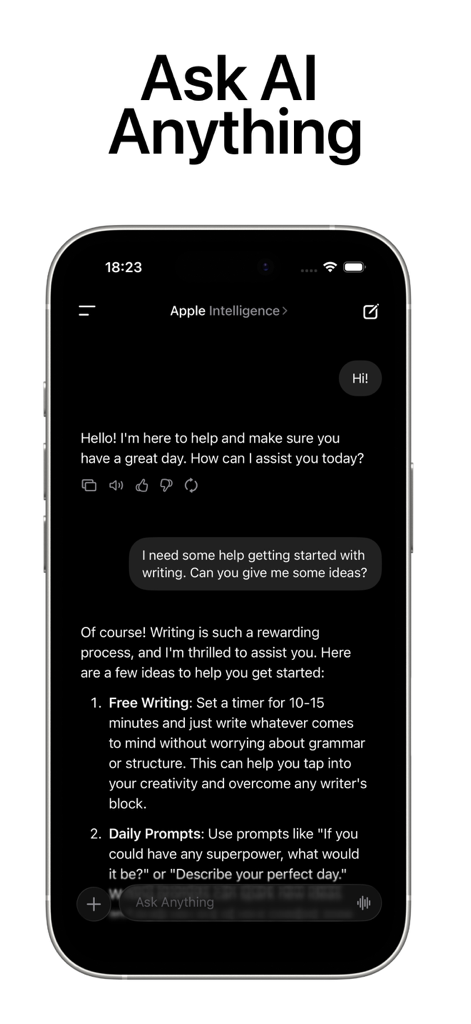 Local AI Chat - pocket - A chat interface of the Local AI Chat pocket app showing a conversation about writing prompts and advice