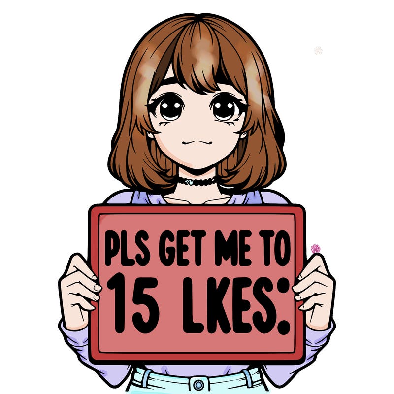 realistic girl holding up a sign that says “pls get me to 15 likes!”