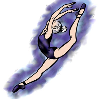 gymnast doing a leap in a leotard with a bent back leg
