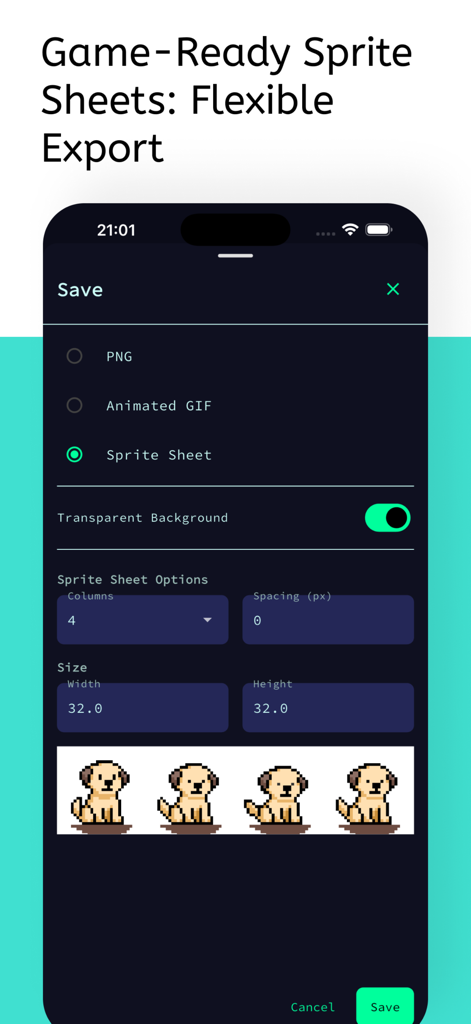 Picell - Pixel Art Editor - Export screen for game ready sprite sheets in the Picell app featuring a pixel art dog animation