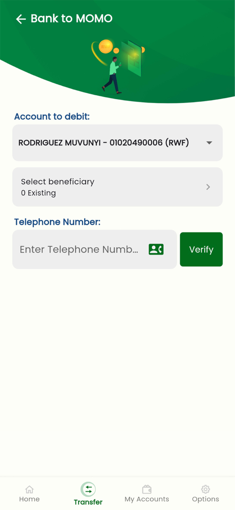 MyBOA - RWANDA - Interfaz de banca móvil de Bank of Africa Ruanda mostrando la pantalla de transferencia de banco a MoMo.