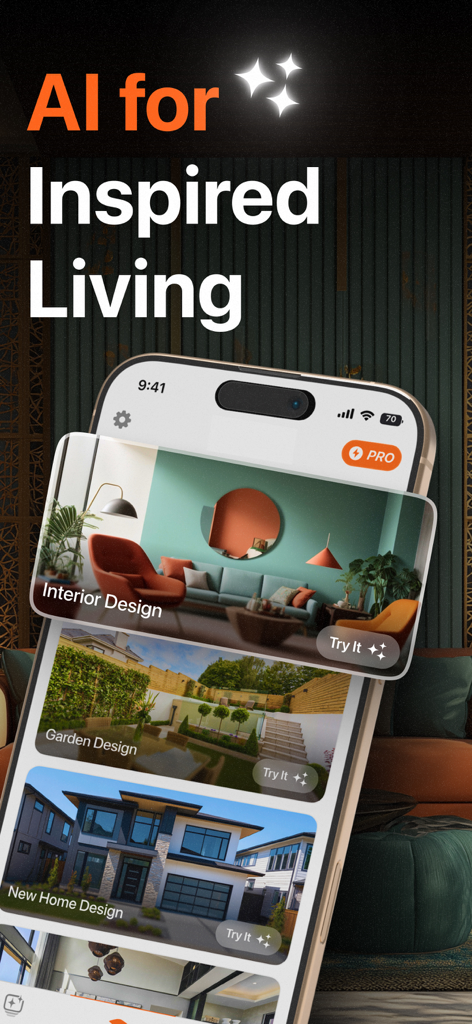 AI Home Design - Homely AI - Homely AI app interface on a mobile phone with options for interior garden and architectural design.