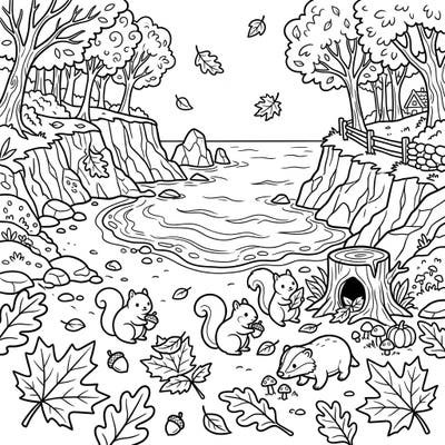 Discover the beauty of autumn by the sea with this delightful coloring page featuring a tranquil cove beach. Adorable woodland creatures gather among fallen leaves and harvest treasures, inviting you to add vibrant colors to their cozy scene.