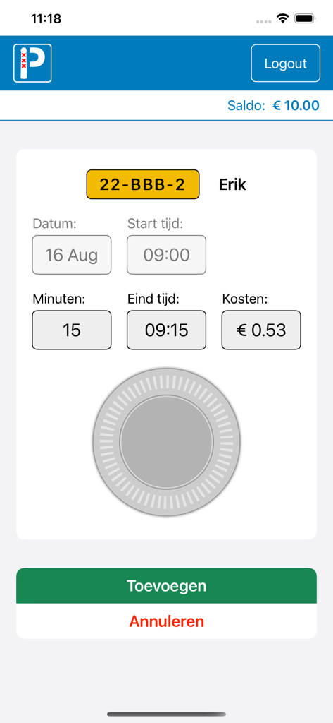 Bildschirm zum Hinzufügen einer Besuchsparksitzung in der Parkeren Amsterdam-App mit Kennzeichen, Zeit und Kosten