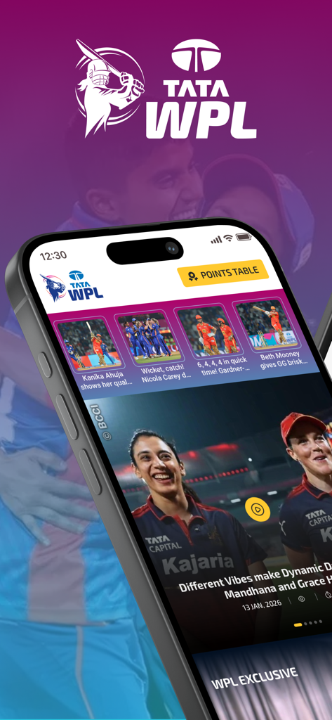 Women's Premier League (WPL) - Un teléfono inteligente que muestra la aplicación oficial de la Women's Premier League con noticias de críquet y resúmenes de partidos.