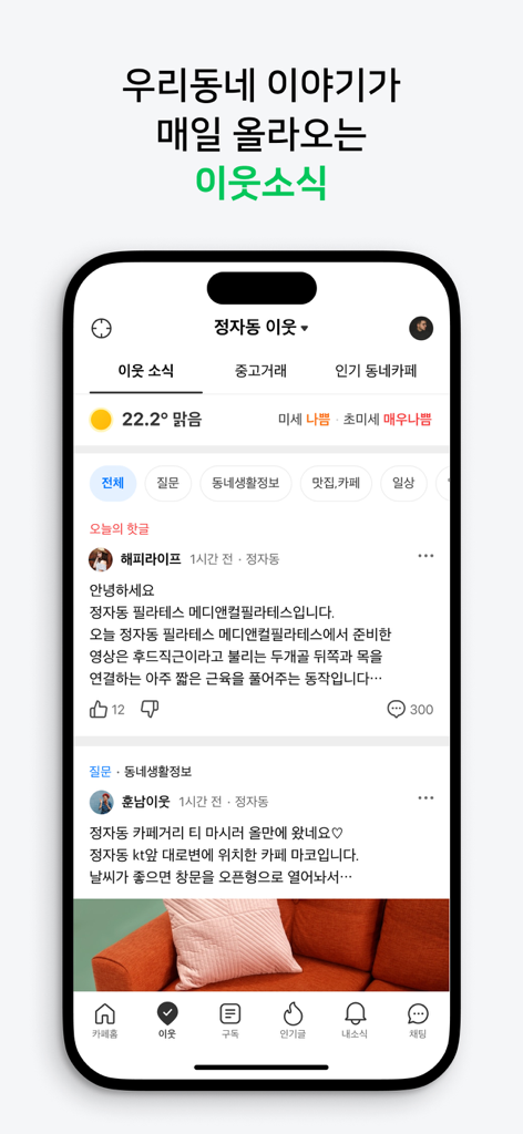 Naver Cafe mobile app interface displaying the local neighborhood news feed with community posts and weather information