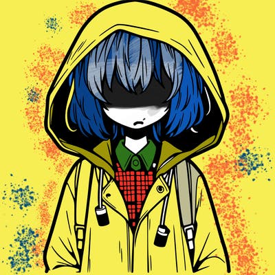 little anime girl in a raincoat her hair is covering her eyes she has a lighter