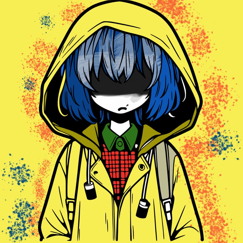 little anime girl in a raincoat her hair is covering her eyes she has a lighter
