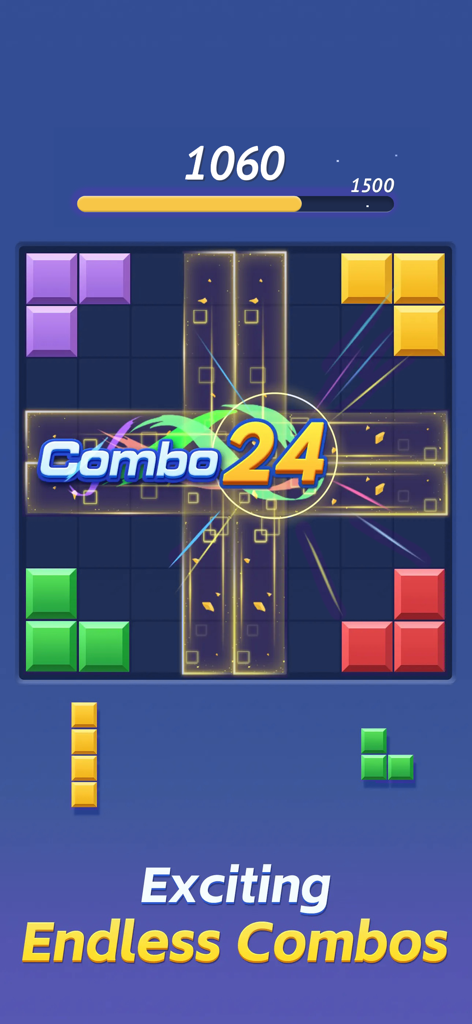 Block Blast Combo - Écran de jeu Block Blast Combo montrant un plateau de puzzle avec des blocs colorés et un effet d'explosion de combo