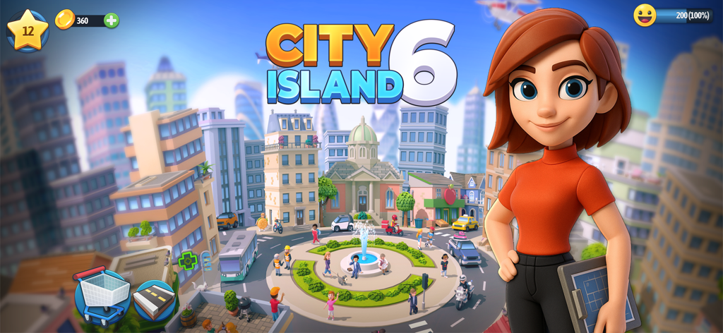 Una mujer de pie frente a una bulliciosa y colorida ciudad en City Island 6.