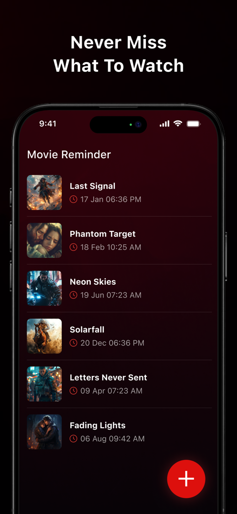 NetMirrorアプリのインターフェースで、映画のタイトルとスケジュールされた時間を示すスケジュールされた映画リマインダーのリストを表示。
