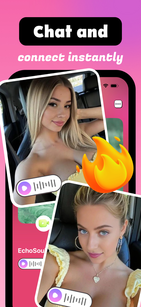 Taggo - Adult Companion，Chat - Taggoアプリのインターフェイス。ボイスメッセージアイコンと「チャットしてすぐに接続」というテキストが表示されたコンパニオンプロファイルが表示されている。