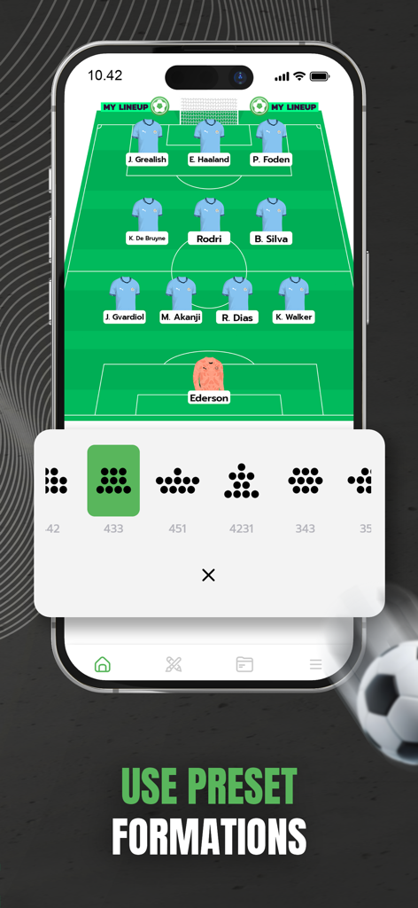 My Lineup - Lineup Builder - A mobile screen showing a soccer team lineup with a menu to select preset formations like 4-3-3 and 4-4-2