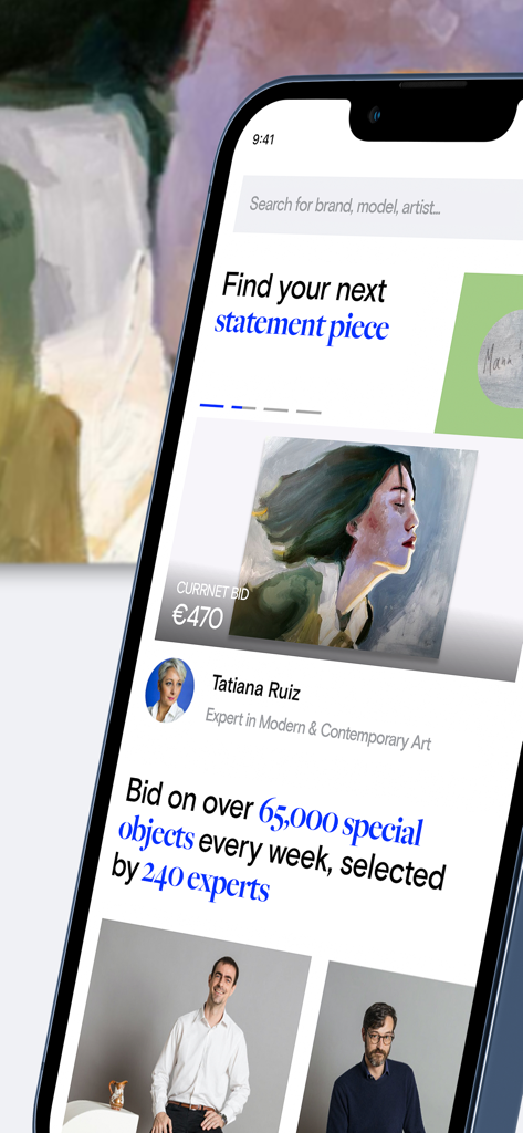 Catawiki mobile app interface showing a curated art auction and expert curator profile