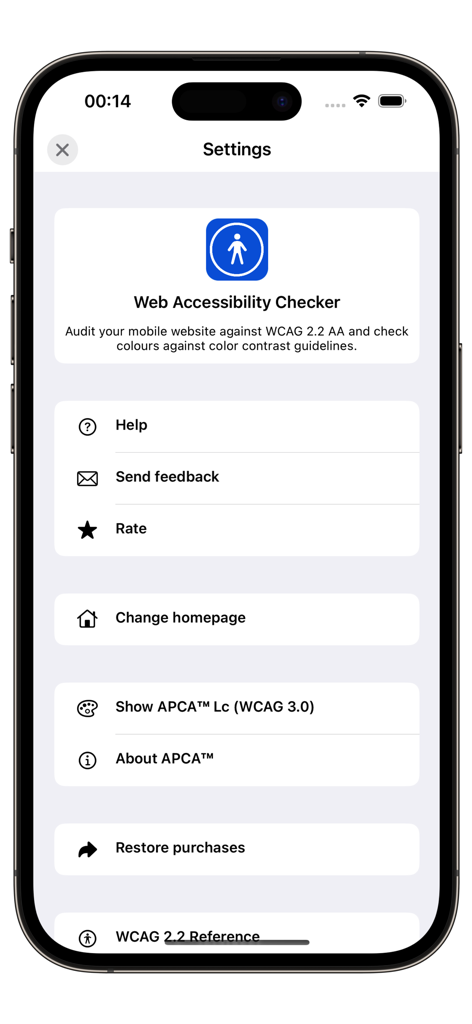 Écran des paramètres de l'application Vérificateur d'accessibilité montrant les options pour les audits WCAG 2.2 et APCA WCAG 3.0