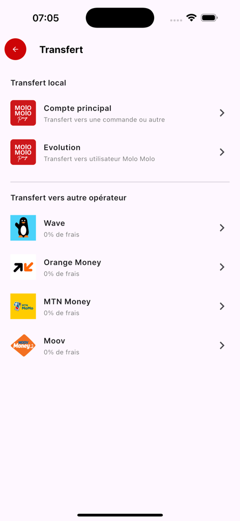 Pantalla de transferencias de Molo Molo Pay mostrando opciones para transferencias de dinero móvil y locales a África