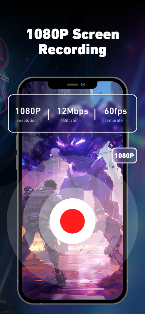 Super Screen Recorder: Full HD - Super Screen Recorder app showing 1080p resolution and 60fps framerate settings for gaming.