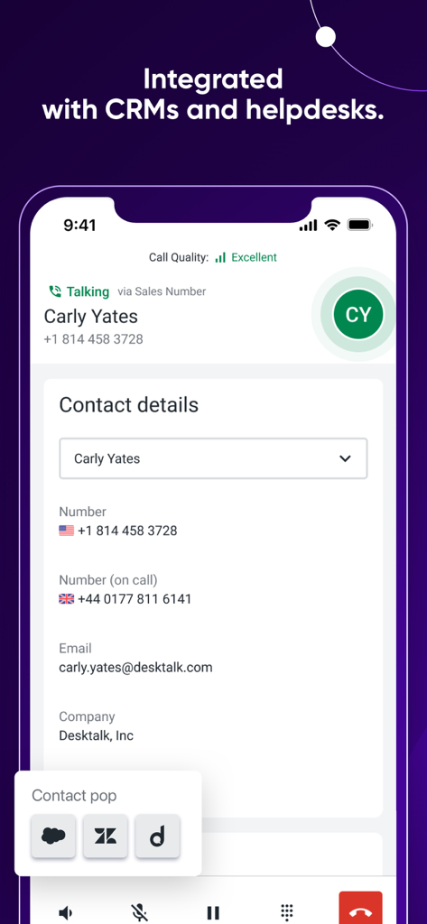 Talkdesk Conversations mobile app interface showing contact details and CRM integration with Salesforce and Zendesk icons