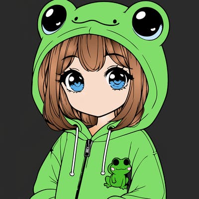 cute realistic girl in a froggy hoodie